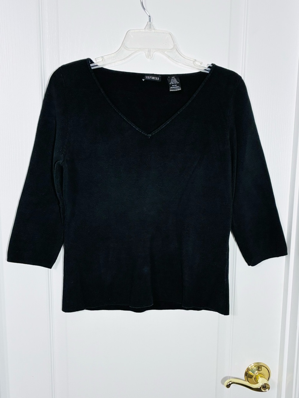 VTG 90s Sculpture Silk V-Neck Silk Blend Fine Gauge Knit Sweater Black Sz Large